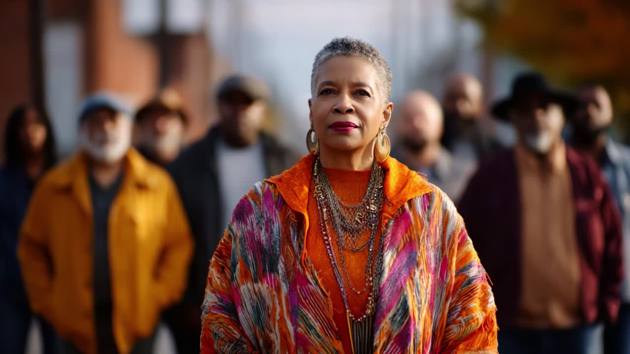 A group portrait showcasing a confident woman in vibrant attire standing in front of a diverse crowd of individuals, representing unity, strength, and community within a shared moment in the urban landscape