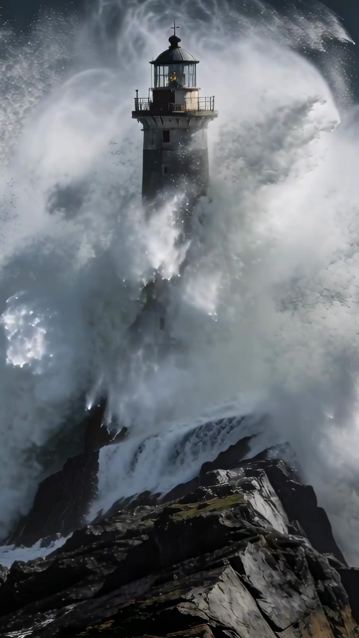 Video vertical: Ola creciente golpeando un faro sobre rocas escarpadas durante una tormenta, salpicando la barandilla de la sala de la linterna.