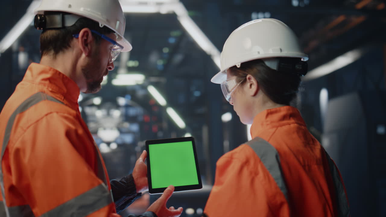 공장에서 여성 인턴을 가르치는 엔지니어가 녹색 화면 태블릿을 근접적으로 보여줍니다.