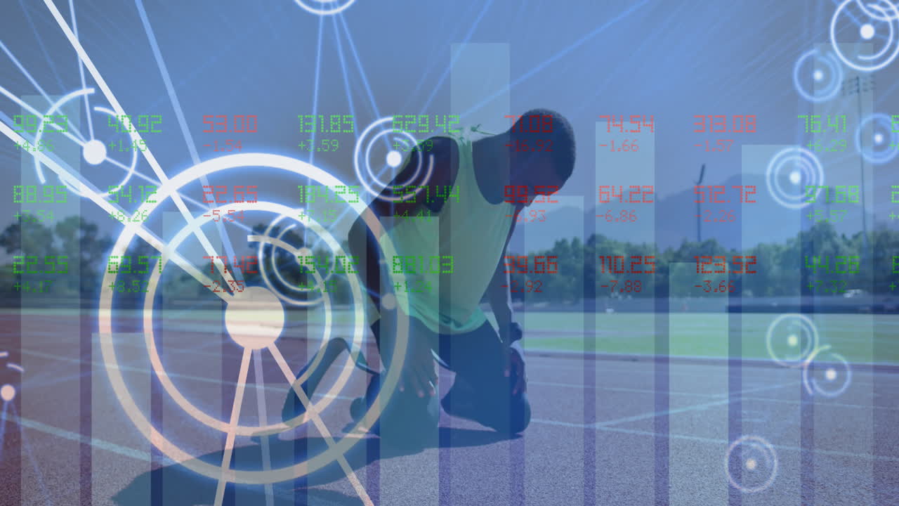animación del procesamiento de datos digitales sobre un atleta masculino discapacitado con cuchillas de correr en la pista de correr