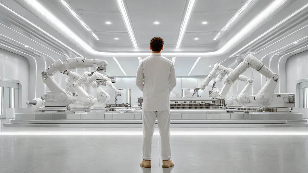 Innovative Technology Display: A Person Observes Advanced Robotic Arms in a Futuristic Laboratory Setting, Showcasing Automation and Robotics Development