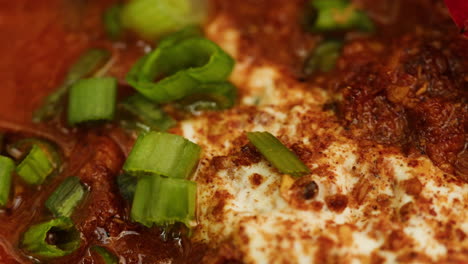 close-up of a spicy indian soup with a creamy topping and green onions