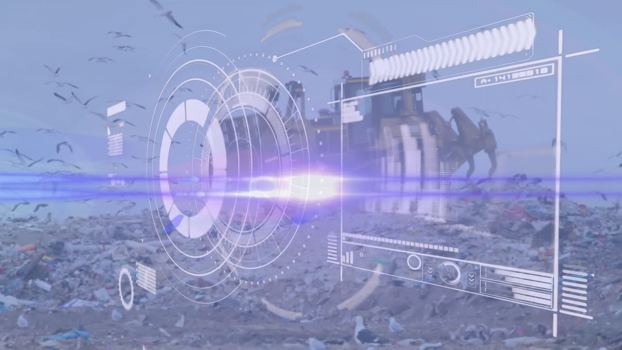 벌도저 와 쓰레기 매립장 주위 를 날아다니는 새 들 을 스캔 하는 인터페이스 화면 의 애니메이션