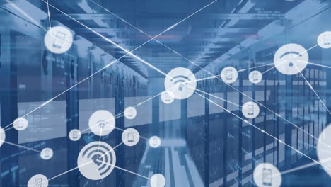 animation of network of communication icons and data processing over computer server room