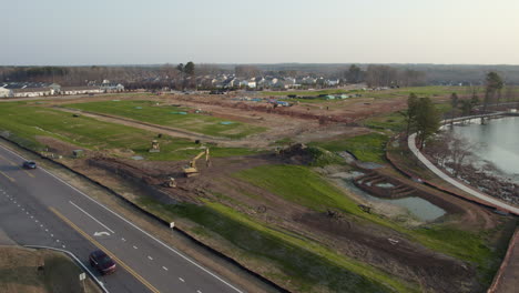 cinematic drone shot of construction of retail spaces