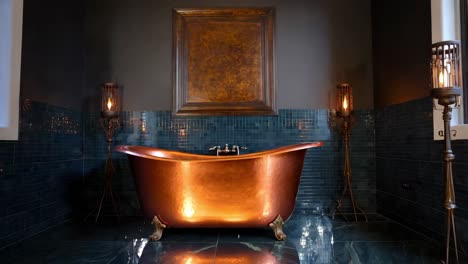 luxury copper bathtub in a dark teal bathroom