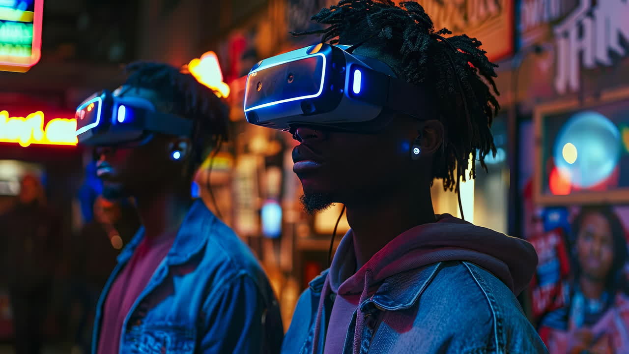 Friends enjoy virtual reality in arcade. Two friends wear VR headsets while experiencing an immersive game in a lively arcade at night