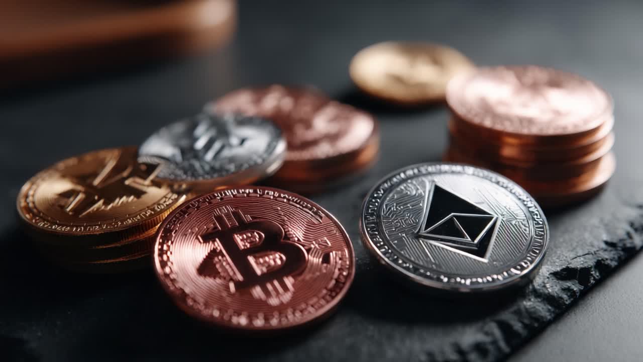 A Close-Up View of Popular Cryptocurrencies Including Bitcoin and Ethereum, Displaying Their Unique Designs and Reflective Surfaces on a Dark Slate Background