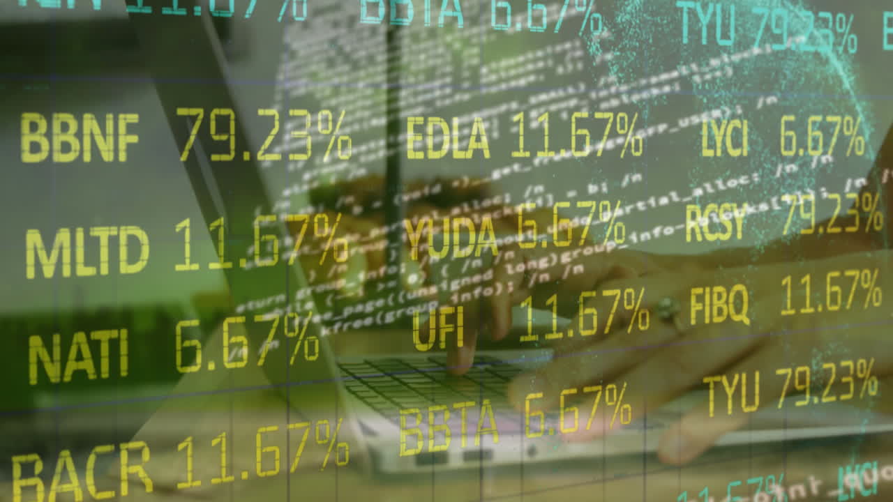 Animation of trading board, computer language, globe over caucasian woman working on laptop