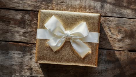 a gold gift box with white ribbon