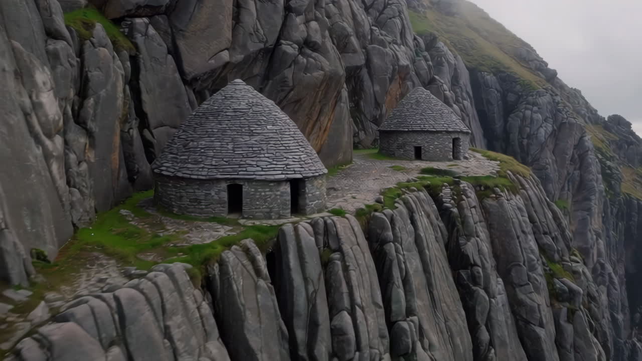 Ancient Stone Beehive Huts on Skellig Michael Cliffs