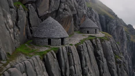 ancient stone beehive huts on skellig michael cliffs