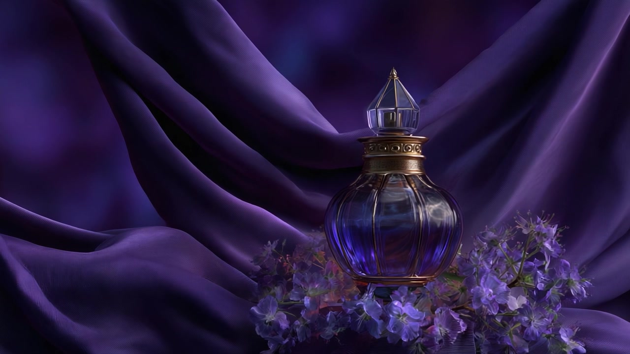 Elegante flacone di profumo viola circondato da fiori delicati e tessuto pregiato, che incarna lusso e raffinatezza in una composizione splendidamente arrangiata.