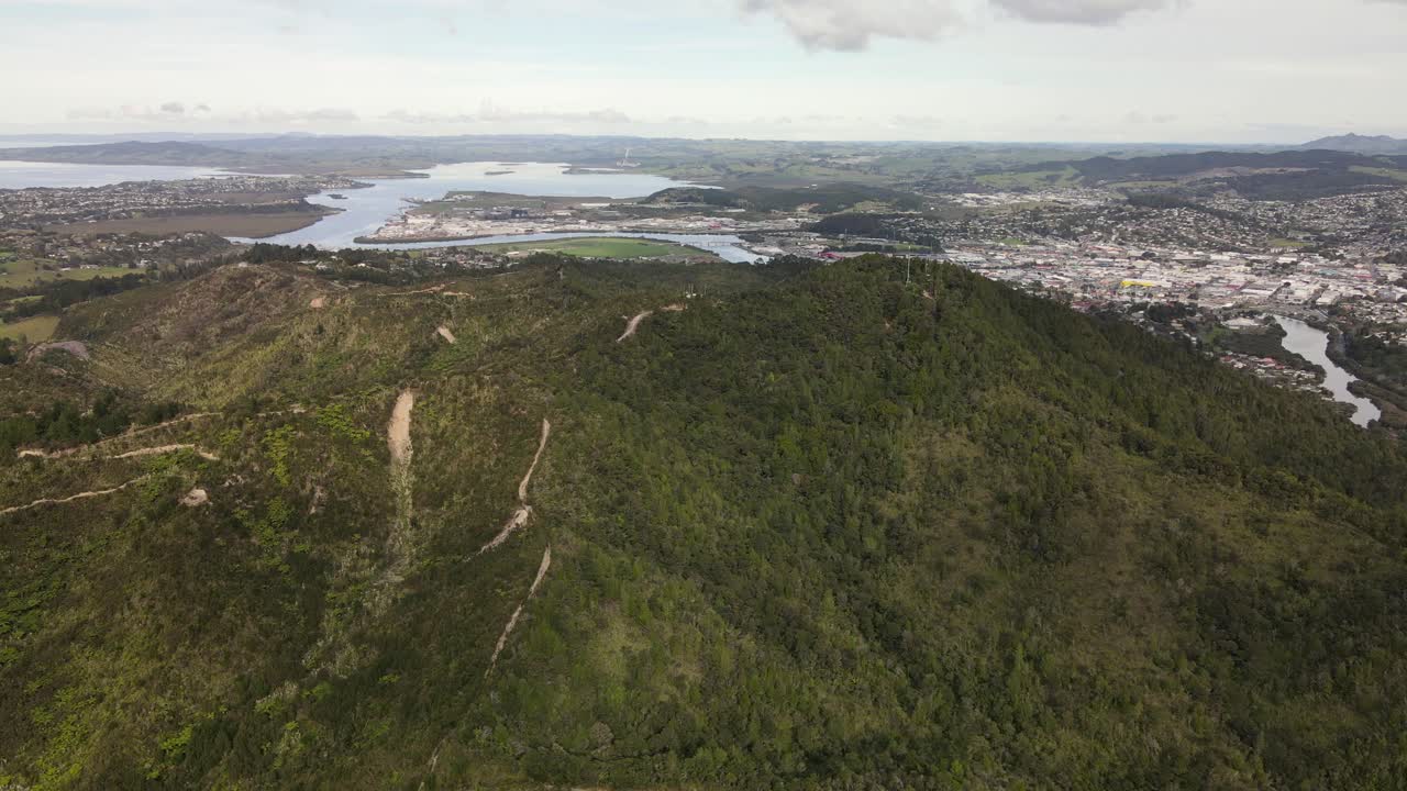 Aerial view of forested Mount Parihaka and Whangarei cityscape, New Zealand