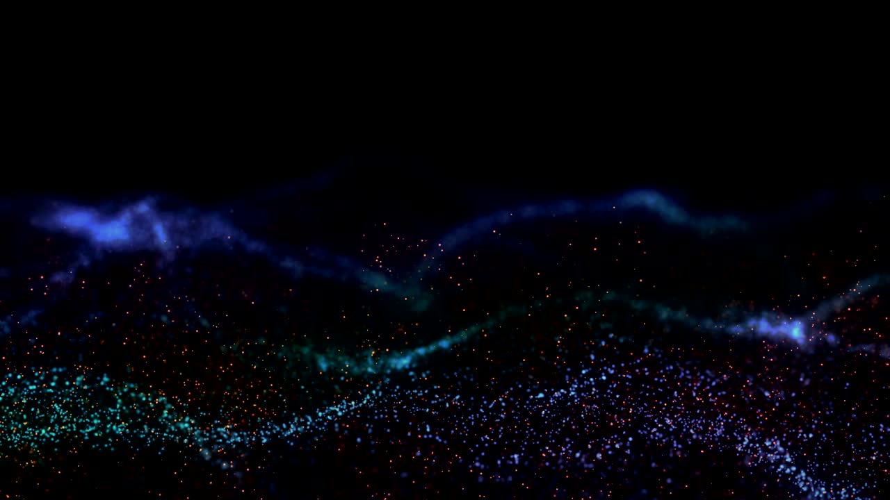 Abstract digital colorful circle particle in cyan and violet color on black background. 3D animation.