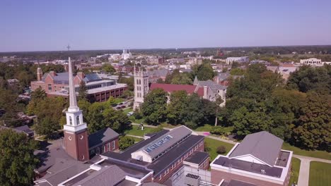 forward aerial of buildings and trees at campus of hope college, mi