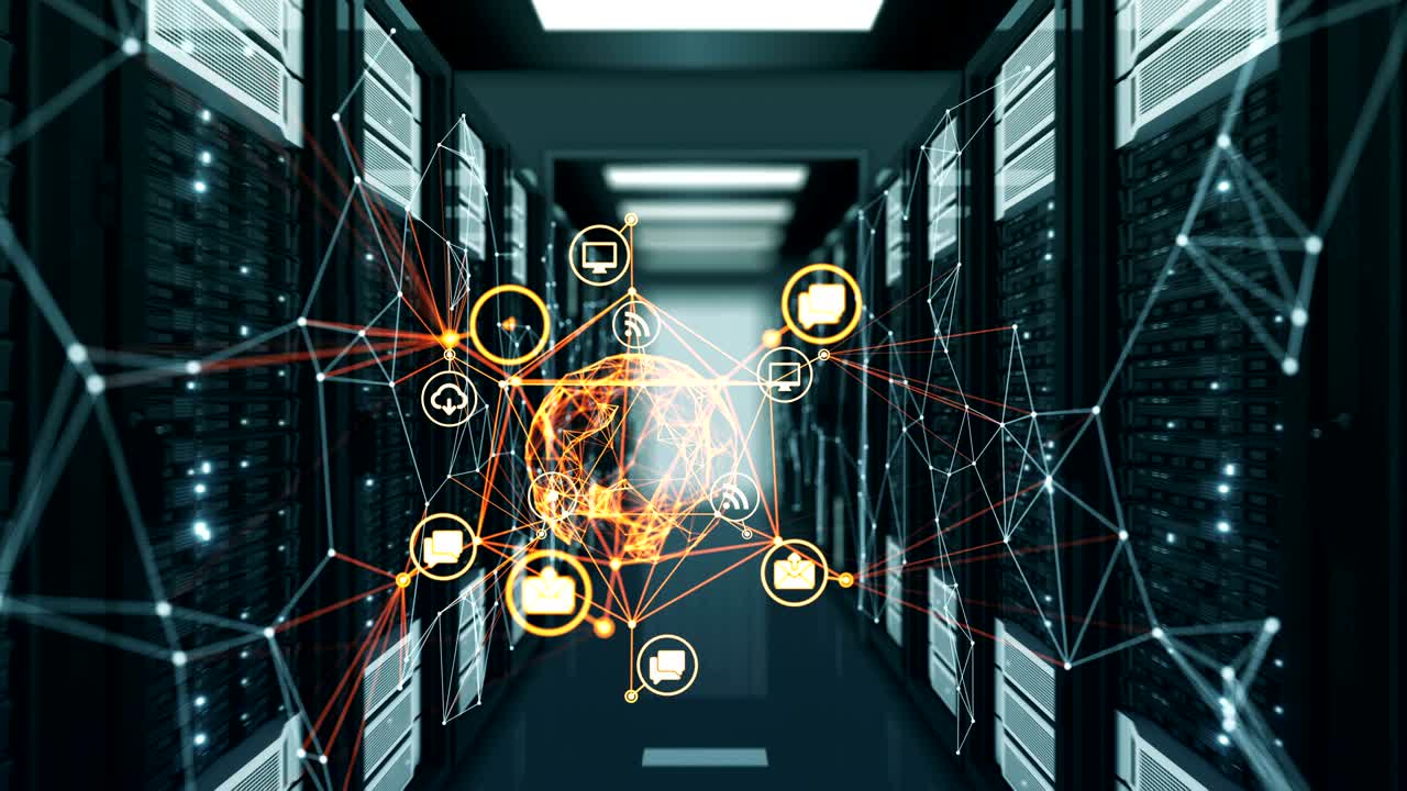 Beautiful Icons Orange Color Changing in Digital Stream. Abstract Datacenter Illustration. Looped 3d Animation. Digital Media and Futuristic Technology Concept.