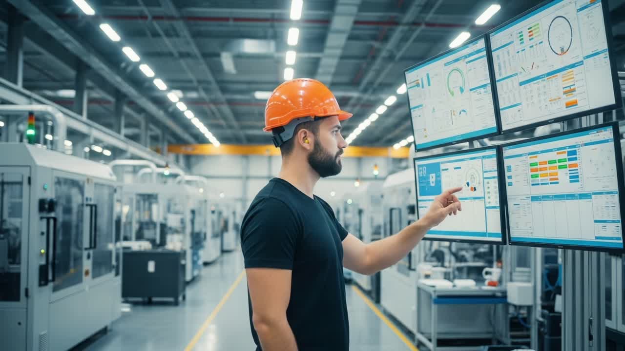 A worker in a safety helmet manages high-tech monitoring screens in a modern manufacturing facility, analyzing data and optimizing processes for efficiency and productivity