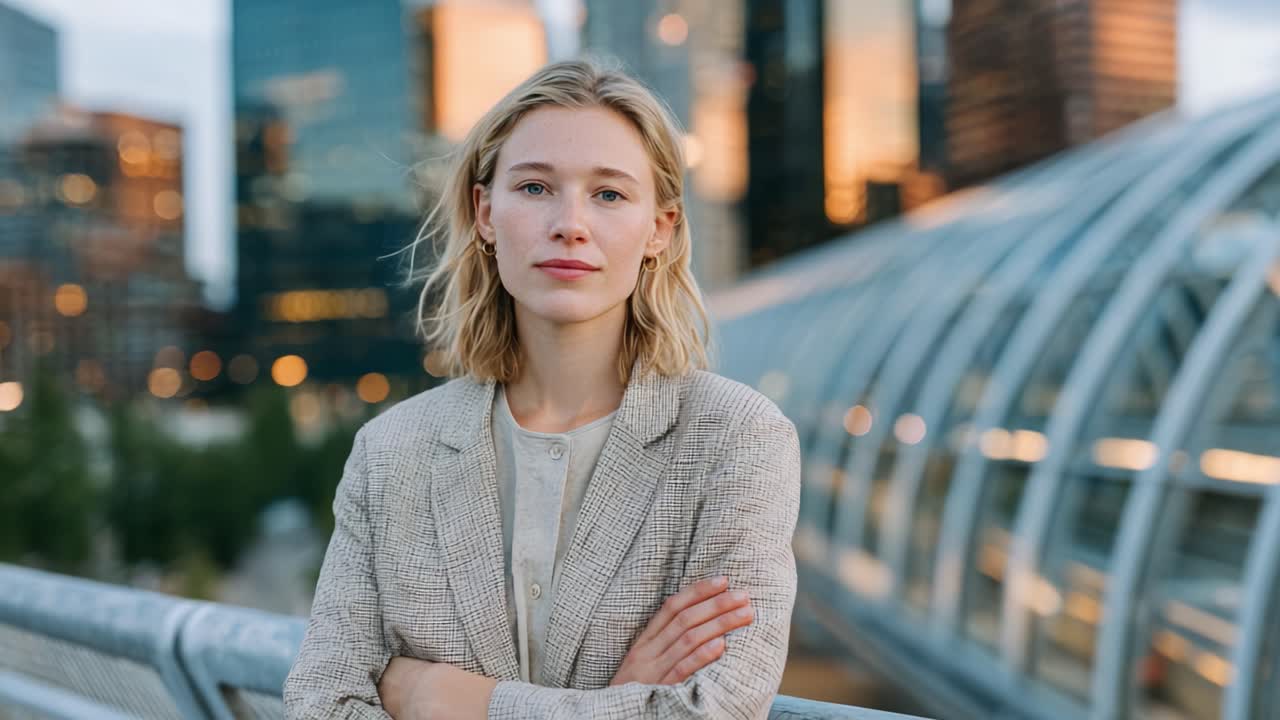 Uma jovem confiante, vestindo um blazer bege elegante, posa em frente a um horizonte urbano moderno ao entardecer, transmitindo equilíbrio e determinação em meio ao ambiente da cidade