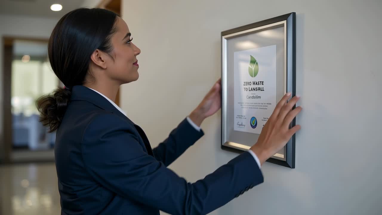 Walking woman in blazer placing framed green leaf award for office display on corridor wall
