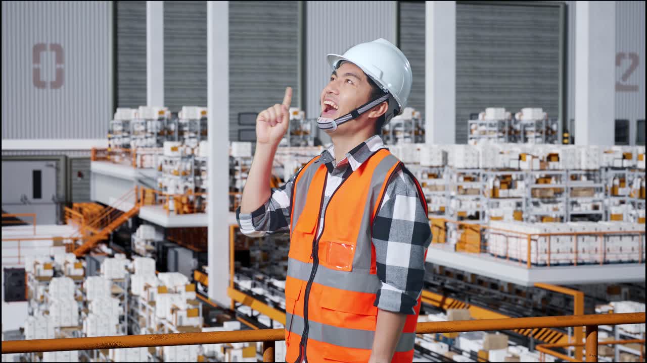 안전 헬을 입은 아시아 남성 엔지니어가 배달 물품으로 가득 찬 선반을 가진 창고에 서서 무언가에 대해 생각하고 주위를 둘러보며 지표손가락을 들어 올립니다.