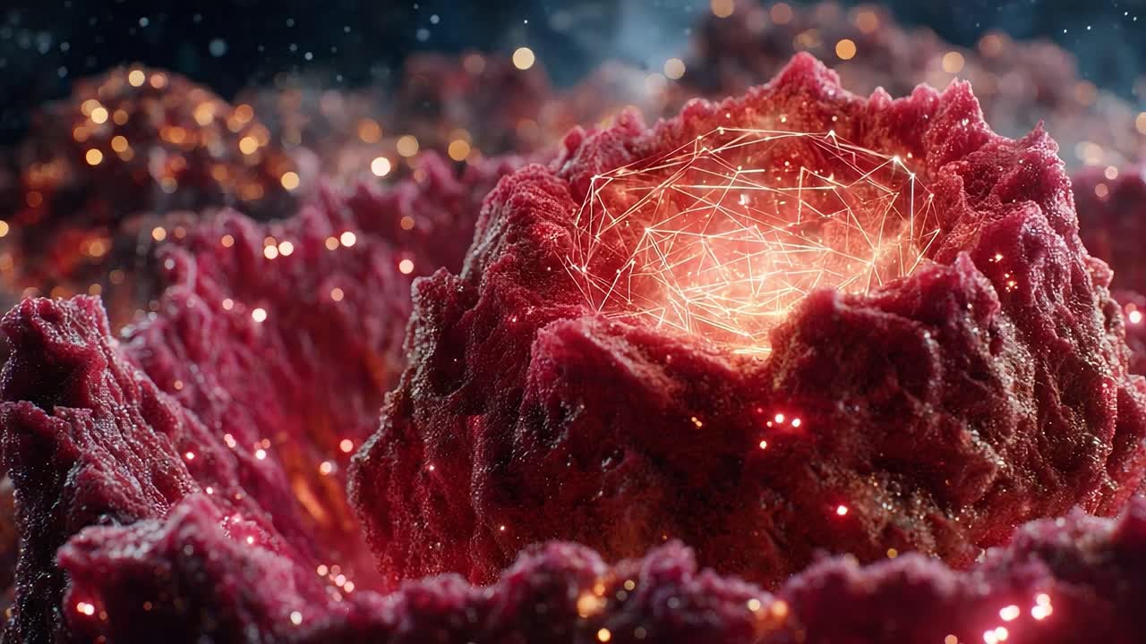 A stunning visualization of a vibrant, textured landscape featuring glowing crystalline structures at its center, surrounded by rich, organic formations in an ethereal atmosphere