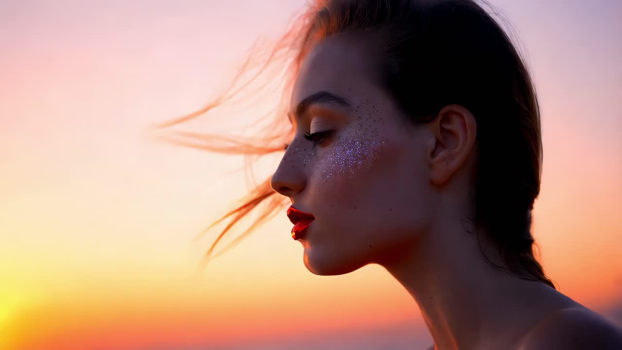 일몰 에 있는 여자 의 프로파일 초상화