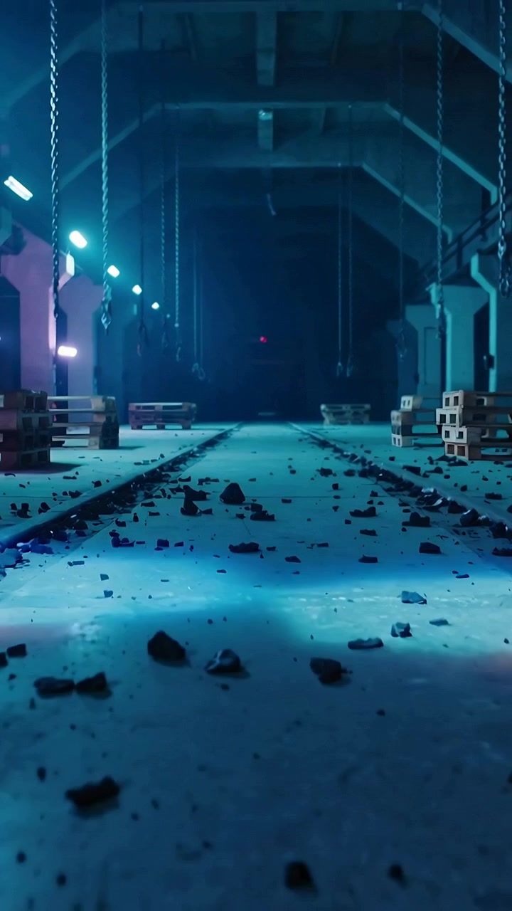 Vertical video: Advancing camera showing concrete corridor in warehouse, exposing rails and rubble