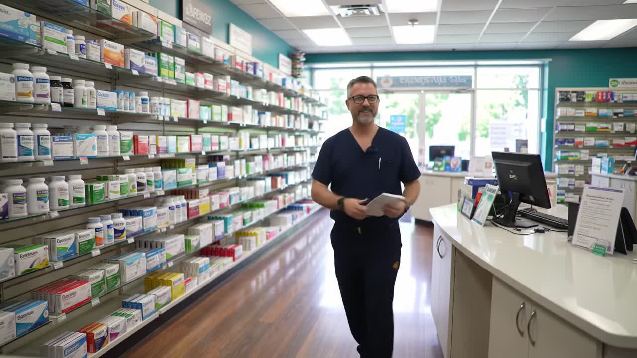 A Pharmacist Engages with Customers in a Modern Pharmacy Setting Surrounded by Shelves Full of Health Products and Medications