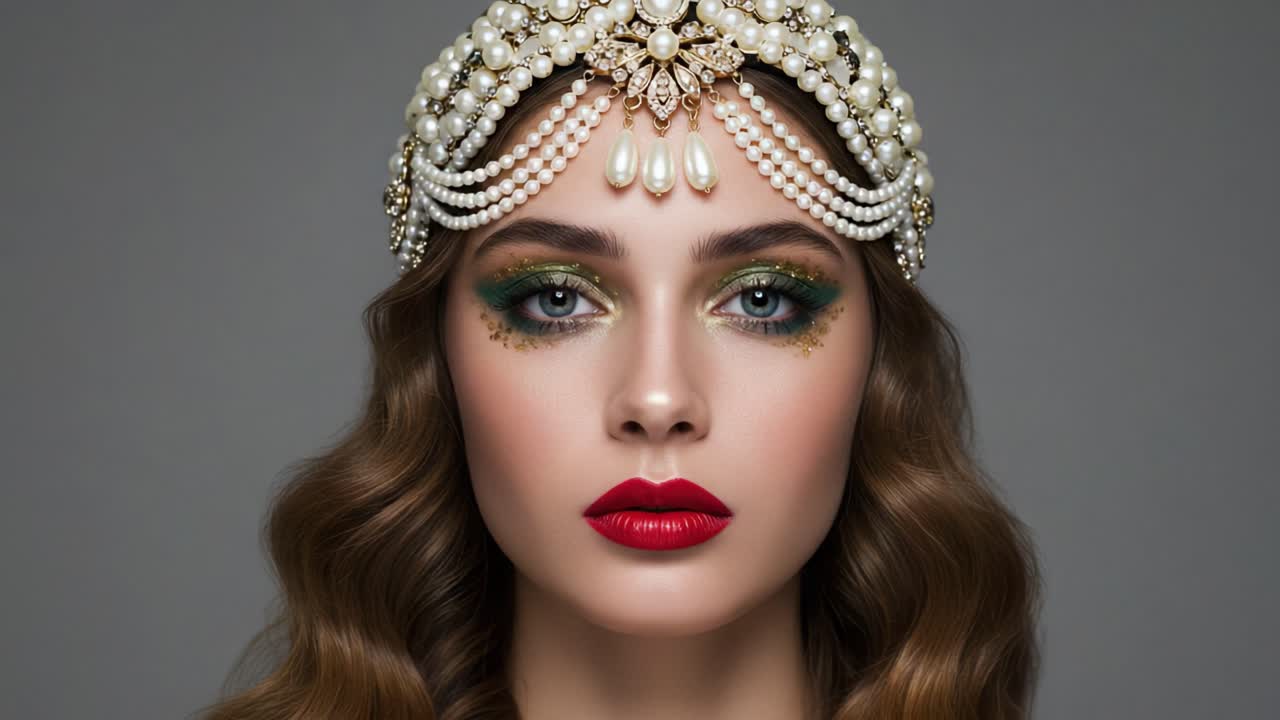 A Stunning Portrait of Elegance: Captivating Beauty with Glamorous Makeup and Exquisite Hair Accessories that Radiate Grace and Sophistication