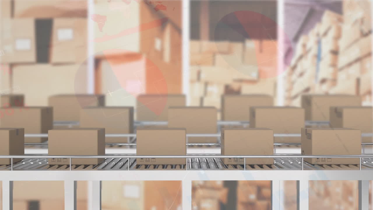 통계 및 금융 데이터 처리의 애니메이션은 컨베이어 벨트에 상자를 통해 수행됩니다.