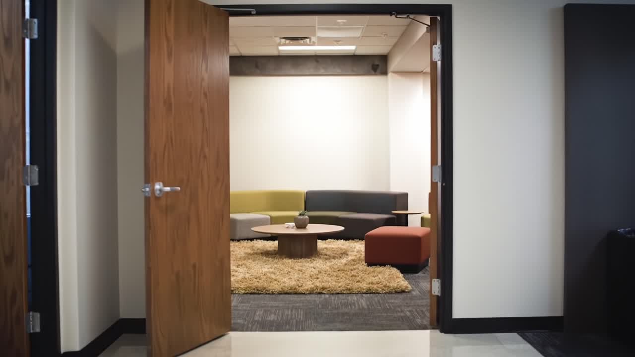 An Inviting Modern Lounge: A View from the Hallway into a Stylish Meeting Space with Cozy Seating and Warm Lighting