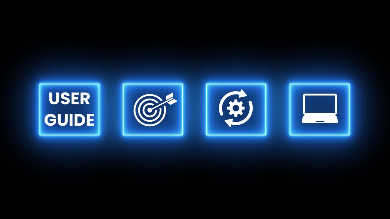 Glowing Blue Digital Icons for User Guide, Target, Process, and Laptop