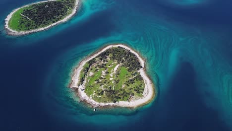 overhead aerial view of seagulls flying over small desert islands in brijuni archipelago, istria, croatia.