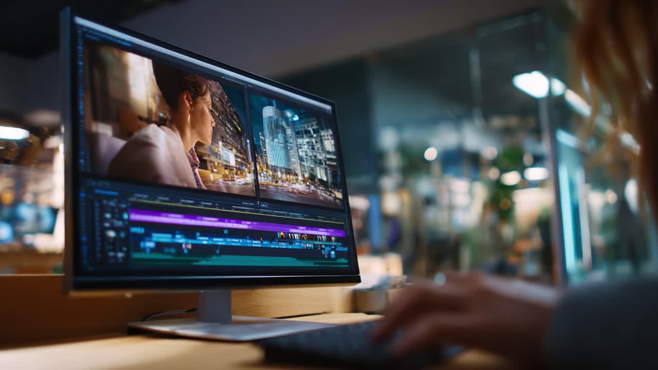 Un editor di video concentrato al lavoro, che crea scene straordinarie su uno schermo di computer, mostrando immagini urbane vivaci durante il processo di editing in un ambiente moderno