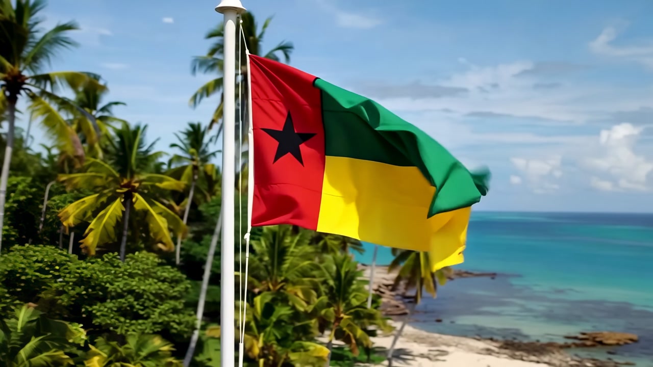 National flag billowing, wind rising, showing black-star and green-yellow bands at coast white pole