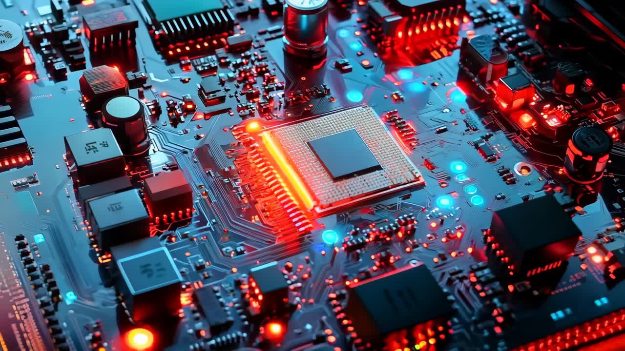 Близкий взгляд на материнскую плату компьютера с множеством электронных компонентов