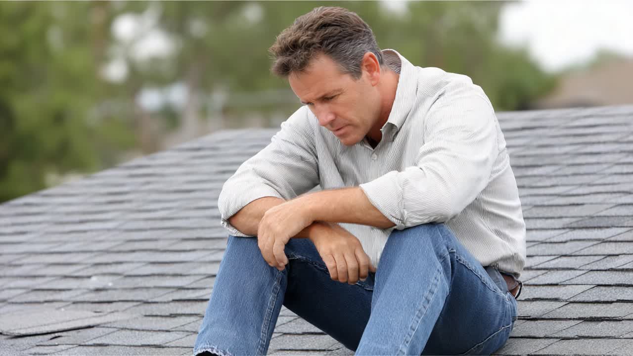 A contemplative moment on the roof, where introspection and solitude converge, highlighting the weight of thoughts in a peaceful yet isolated setting