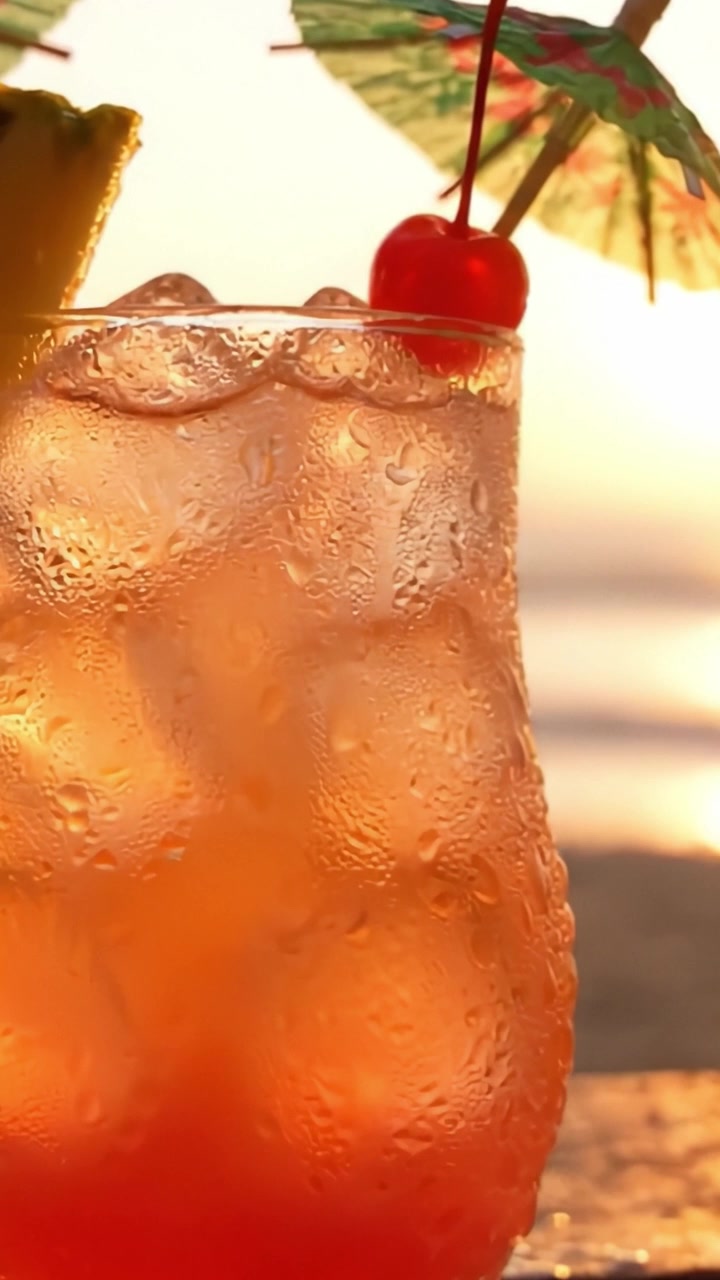 Rinfrescante Cocktail Tropicale con Ciliegia e Ombrellino su una Spiaggia al Tramonto, Perfetto per il Relax e il Piacere in una Calda Serata