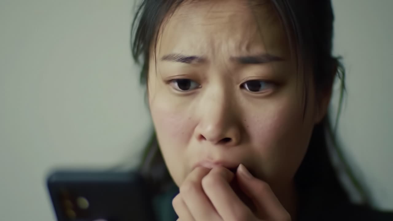 A woman appears anxious as she stares at her smartphone, anxiously biting her nails. The ambient lighting creates a serious mood. Her expression reflects uncertainty and worry while alone.