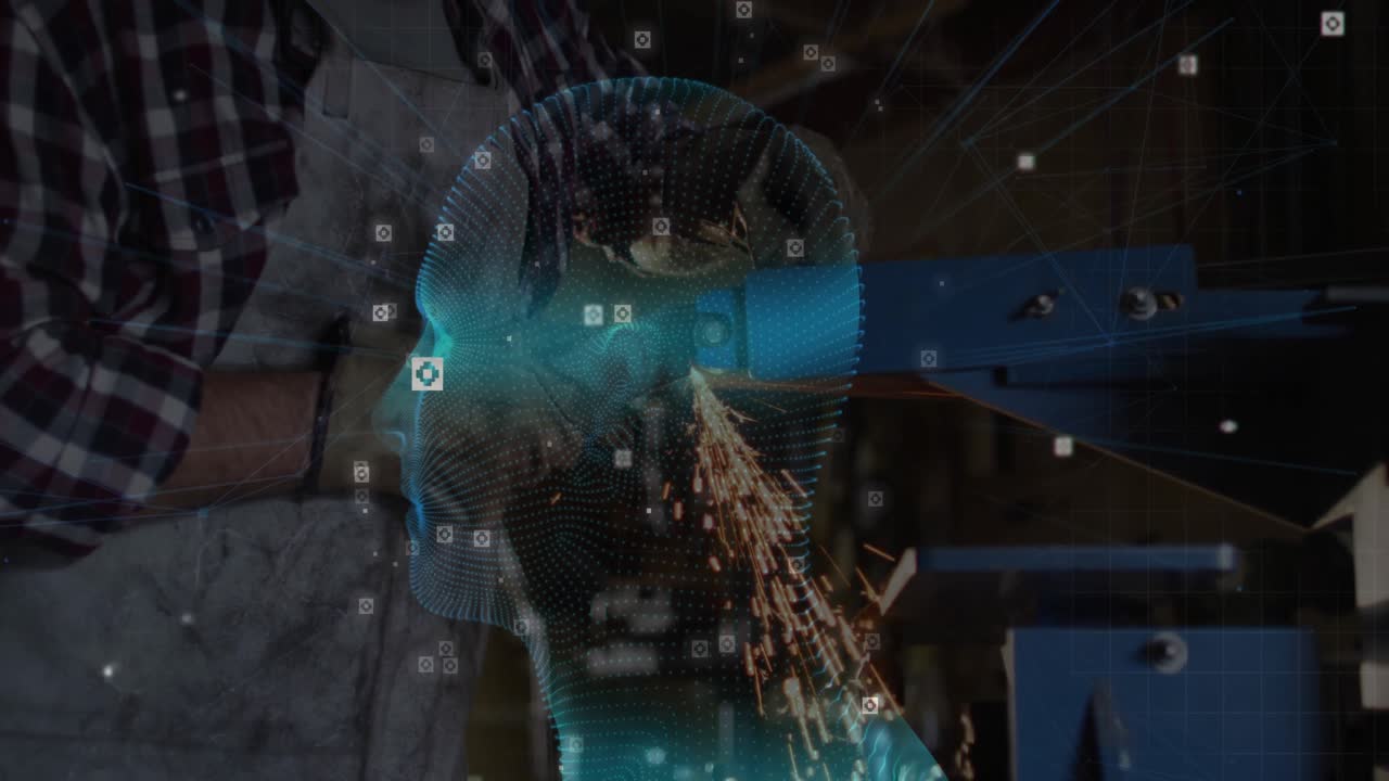 Middle-aged man grinding metal sparks flying across rotating holographic head mapping data points