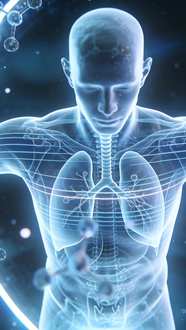 Video verticale: La telecamera si allontana mostrando un torso a raggi X che ruota, con polmoni pulsanti, per studiare gli organi in laboratorio.