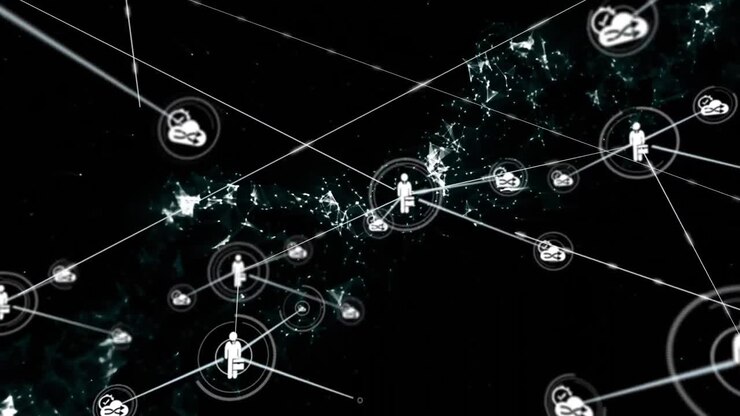 Animation of network of connections of user icons on black background