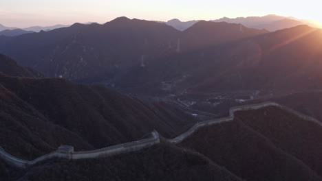 Aerial-Shot-of-Great-Wall-of-China-at-Sunset