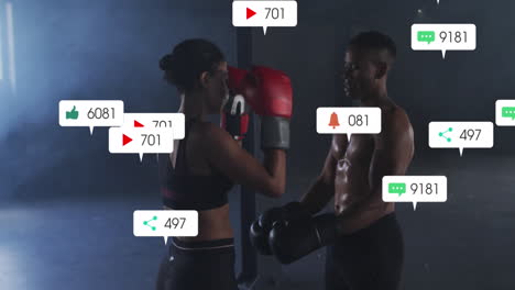 animación de barras de notificación, hombre y mujer afroamericanos dando los cinco altos antes de la práctica