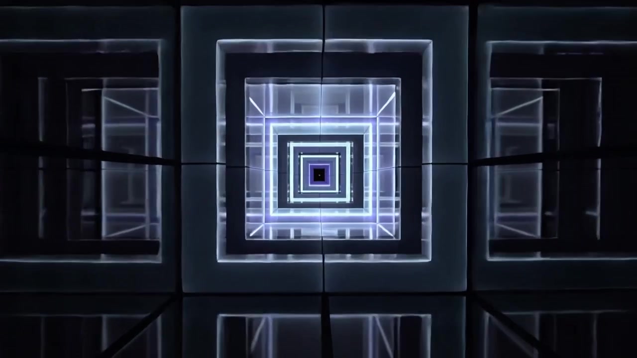 Illuminazione mutevole che causa un tunnel geometrico pulsante rivelando cornici quadrate che si ritirano in pareti piastrellate