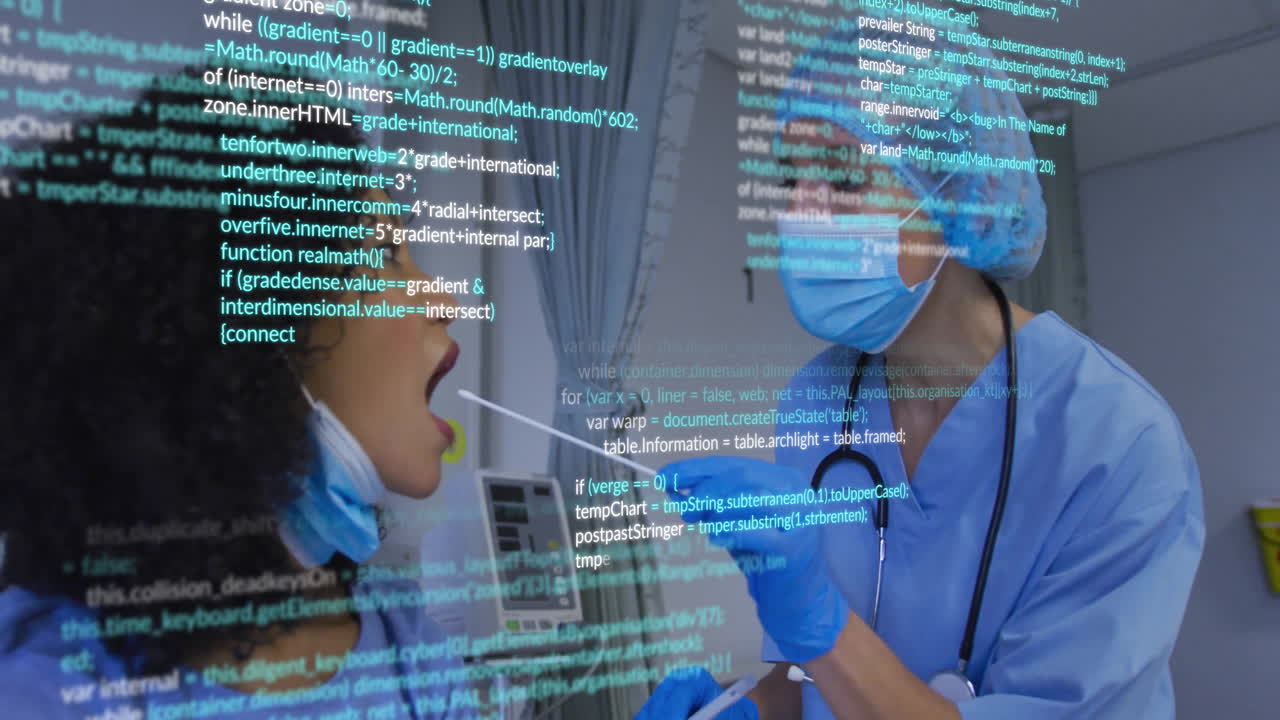 Medical data processing animation over healthcare professionals conducting throat swab test