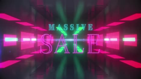 animation of massive sale over digital space with neon lights and shapes