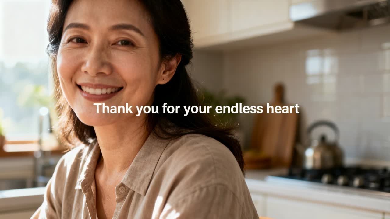 Smiling Asian woman wearing tan shirt expressing thanks in kitchen as text overlay appears