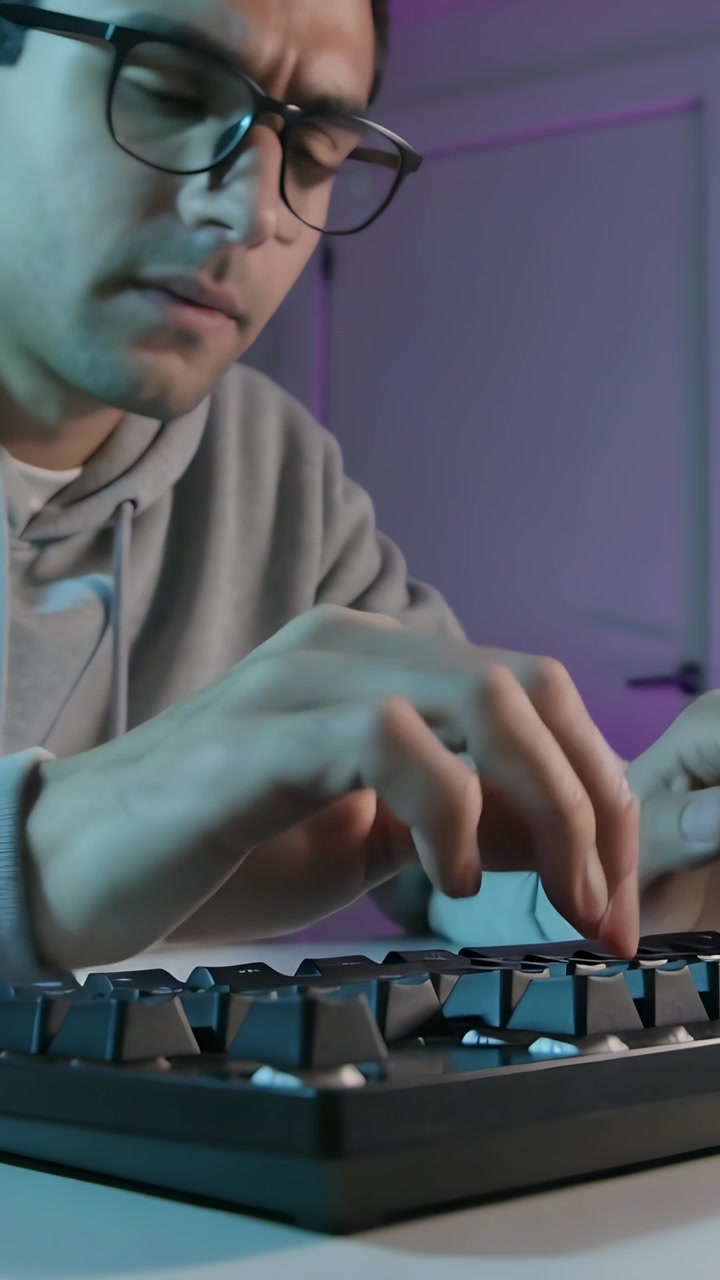 Vertikal video: Mand med briller og hættetrøje taster ved skrivebord, tapper på mekaniske taster mens han fokuserer.